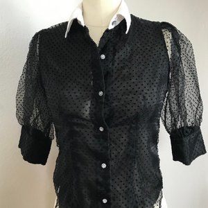 ZARA  Organza top with dots, puffy sleeves, white collar and rhinestone buttons.